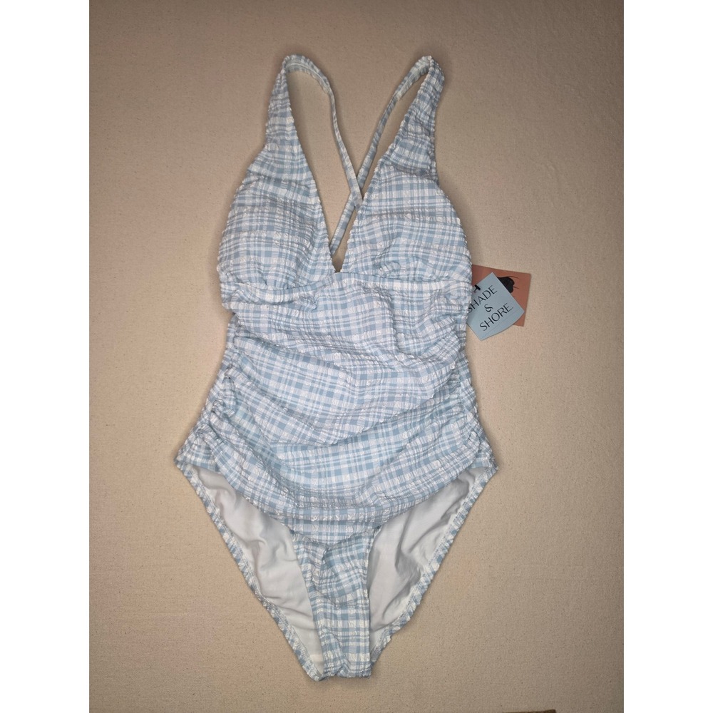 Shade & Shore Gingham Pucker Plunge One Piece Swimsuit Blue Medium NWT